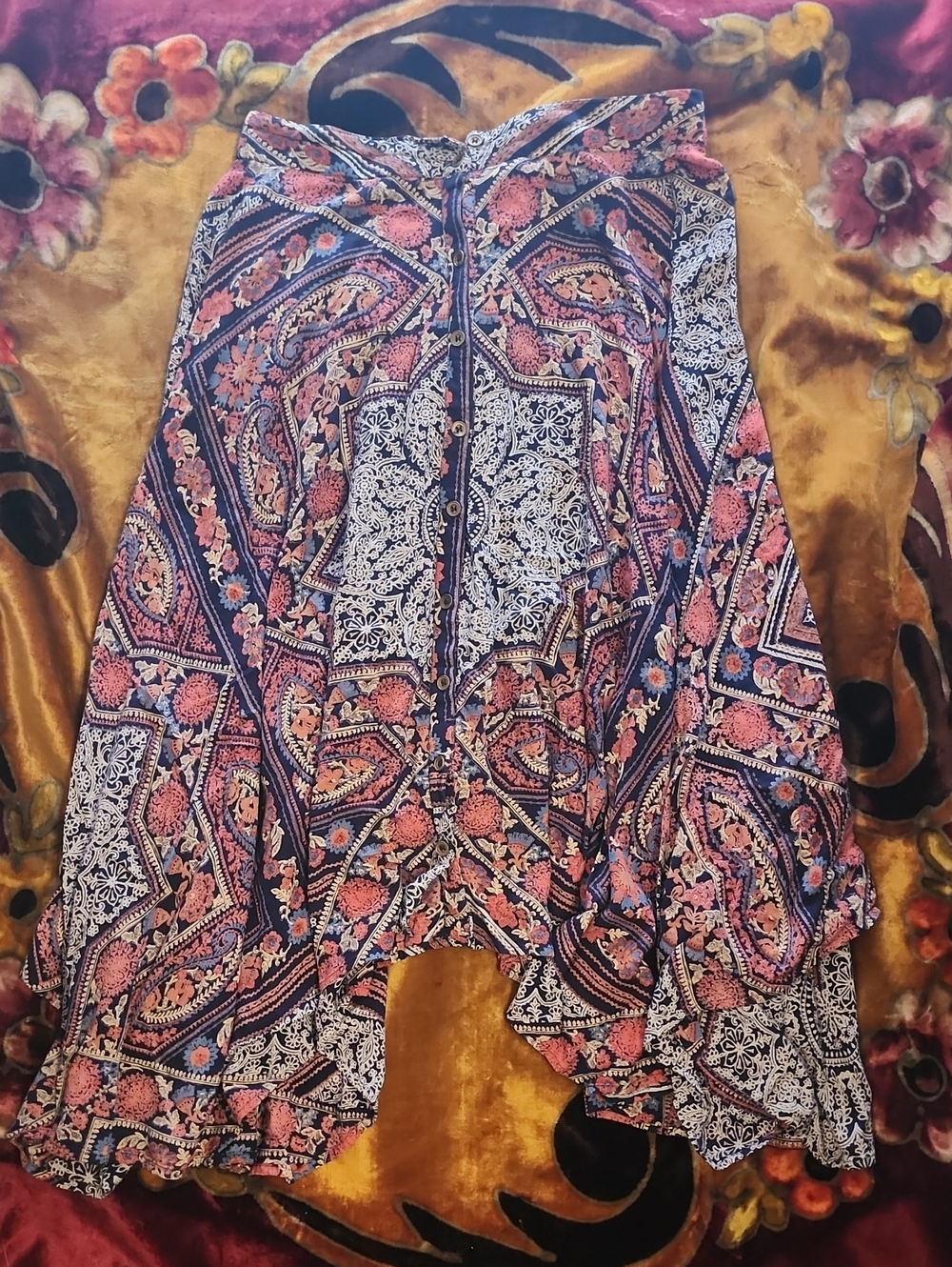 Angie Bohemian Dream High-Low Bohemian Paisley Skirt in Navy and Coral